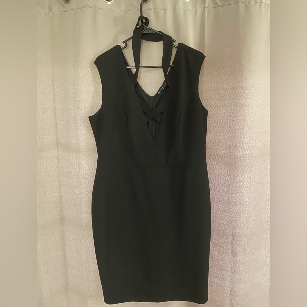 Fashion to Figure Black Halter Dress with Deep V and Criss Cross Strappy Front
